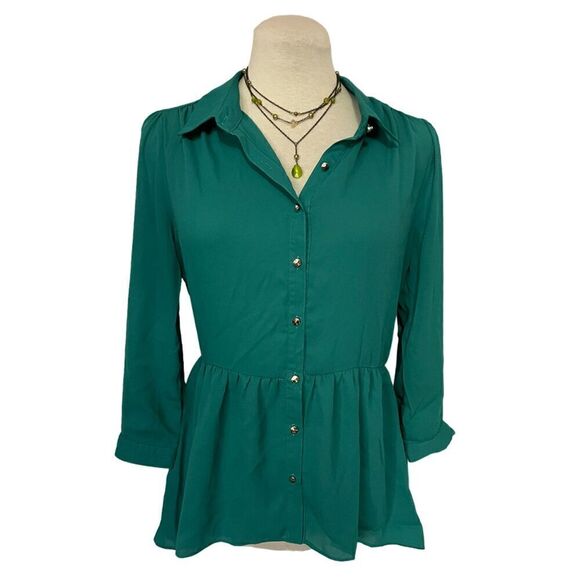 Papaya Women's Green Button Up Blouse with Peplum High Low Hem Size M - Picture 2 of 9